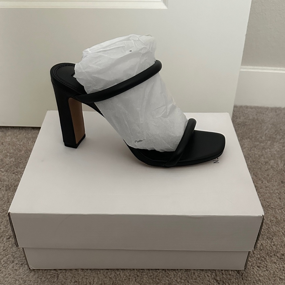 Seven7 Black Double-Strap High Block Heel Mule
